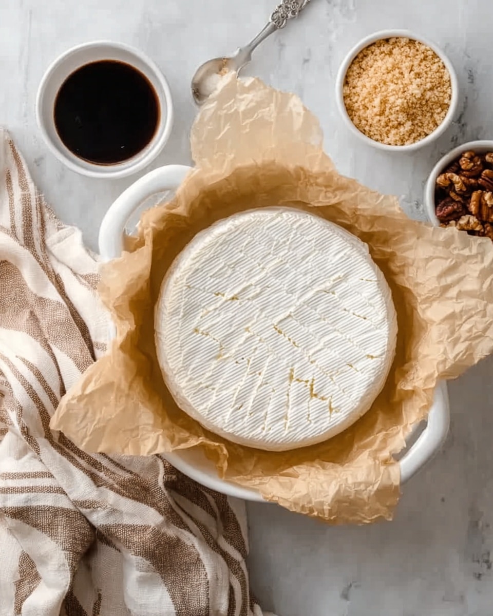 A round white cheese wheel with a crosshatch pattern is placed on crinkled light brown parchment paper, inside a white ceramic dish with handles on a white marbled surface. Around the dish, there is a small white bowl filled with dark syrup and another small white bowl holding a crumbly light brown topping. A striped cloth with beige, brown, and white tones is folded beside the dish, and a silver spoon rests near the bowls. Photo taken with an iphone --ar 4:5 --v 7