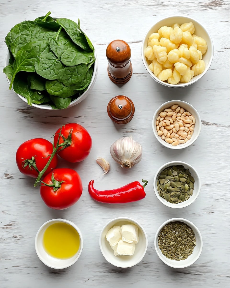 This image shows several ingredients neatly arranged on a white marbled surface. At the top left, there is a white bowl full of fresh green spinach leaves, and to its right, a white bowl filled with light yellow gnocchi. Below them, there are smaller white bowls with white feta cheese chunks on the left, light brown pine nuts on the right, and a brown pepper grinder in the middle. Below these, there are two red tomatoes with green stems, three cloves of garlic with pinkish skin, and one red chili pepper placed from left to right. At the bottom, three small white bowls hold pale yellow butter, golden olive oil, and green fennel seeds, lined up from left to right. The colors are vibrant and the ingredients clearly visible. Photo taken with an iphone --ar 4:5 --v 7