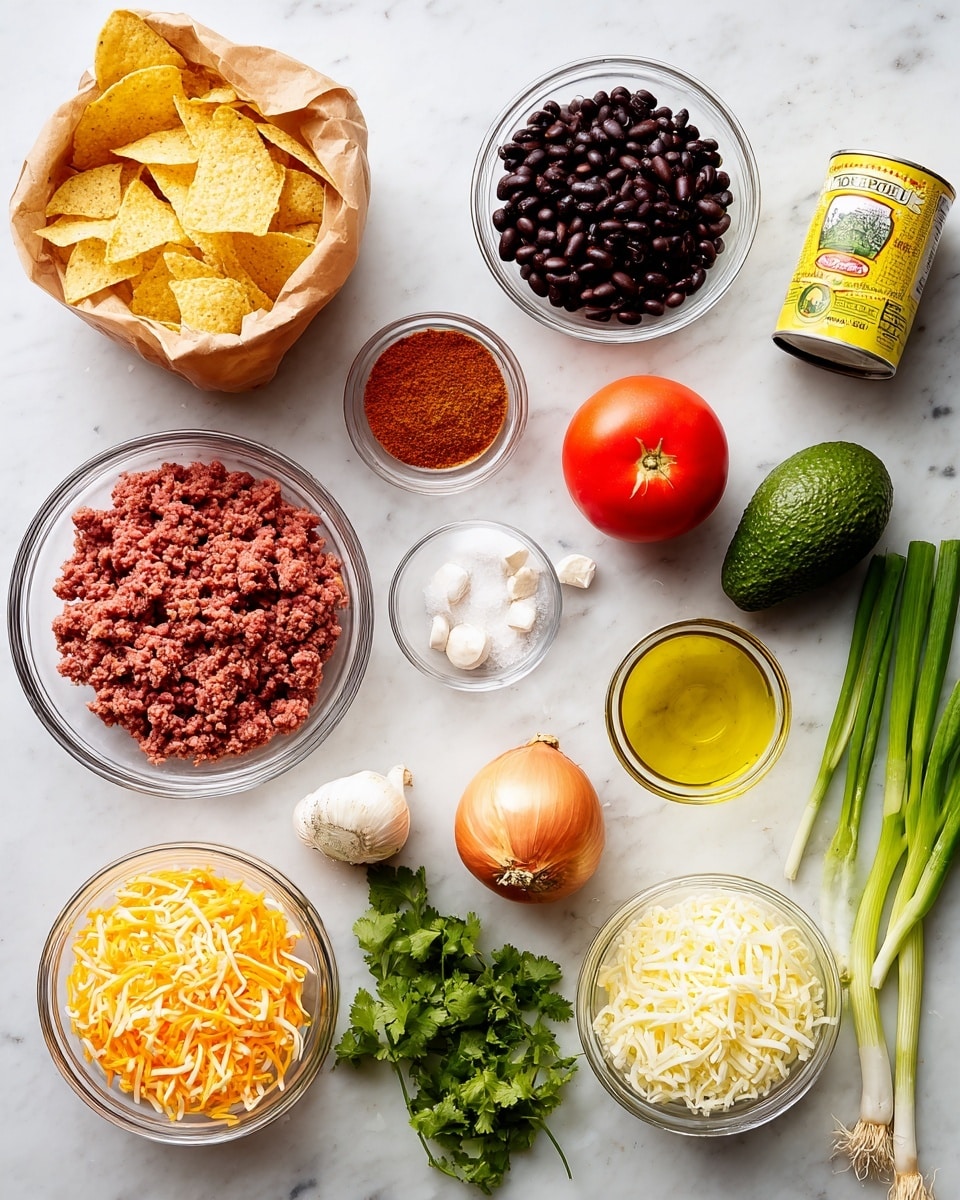 The image shows various ingredients neatly arranged on a white marbled surface. There is a paper bag filled with light golden tortilla chips on the left center. Below it is a glass bowl with raw red ground beef and next to it a small glass bowl with black beans. Above the chips are a whole dark green avocado and a red tomato. To the right are two small glass bowls, one with bright red chili powder and the other with light yellow olive oil. Above these is a yellow can of refried beans tilted slightly. Near the center are two garlic cloves, a whole light brown onion, and a small glass bowl with white salt. Further right are two larger glass bowls, one filled with shredded white cheese and the other with shredded orange cheese. On the far right is a bunch of fresh green cilantro and below it several green onions with white roots. At the bottom right, some loose green onion stalks lie across the surface. photo taken with an iphone --ar 4:5 --v 7