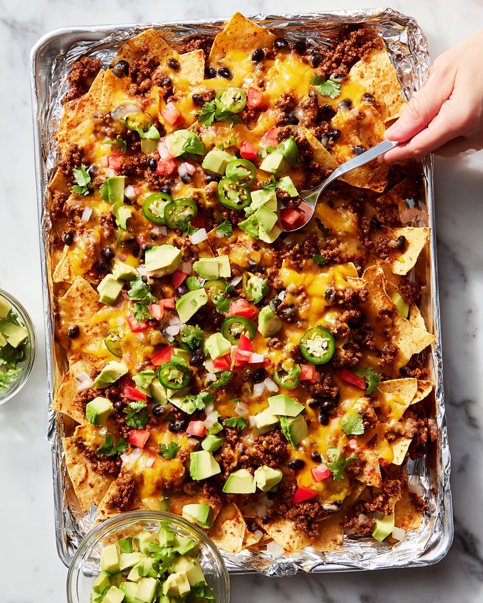 A large foil-lined baking tray is filled with a colorful layer of nachos. The base layer is made of crispy, light golden tortilla chips spread evenly across the tray. On top, there are uneven clusters of browned ground meat mixed with melted yellow and white cheese that appears gooey and stretchy. Scattered across this are black beans adding a dark contrast. Bright green slices of jalapeños, small cubes of fresh avocado, and diced red tomatoes are sprinkled throughout, along with fresh cilantro leaves and some thinly sliced green onions. A woman's hand is holding a spoon, lifting some diced avocado from the tray. The tray is placed on a white marbled surface, and a small clear bowl holding more avocado cubes sits nearby. Photo taken with an iphone --ar 4:5 --v 7