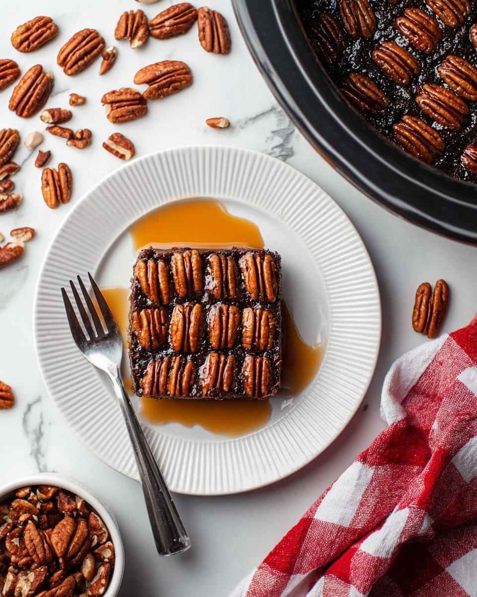 A square piece of dark brown pecan dessert sits on a white plate with ridged edges, topped with whole golden-brown pecans arranged neatly in rows. A shiny caramel sauce is drizzled over the pecans and the plate, adding a warm amber glow. A silver fork rests on the plate next to the dessert. Around the plate, loose pecans are scattered on a white marbled surface, with a small white bowl filled with pecans nearby. In the upper right part of the image, there is a black round cooking dish filled with more pecans sitting in a dark syrup. A red and white checkered cloth lies on the table near the bottom right. Photo taken with an iphone --ar 4:5 --v 7