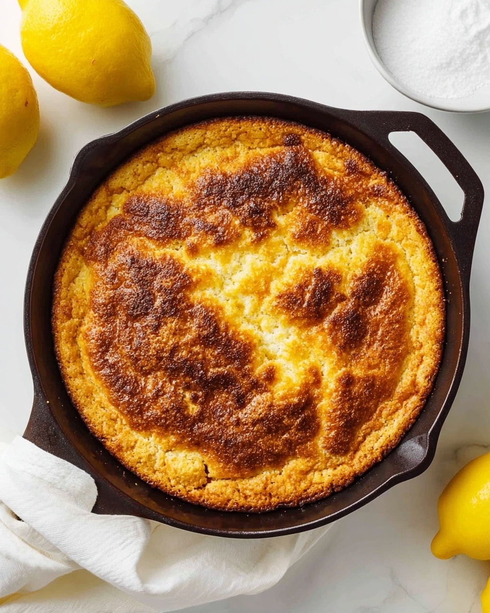 A round dessert with one visible layer sits inside a black cast iron pan. The top crust is golden brown with darker brown patches, showing a slightly rough and cracked texture. The pan is on a white marbled surface, surrounded by two yellow lemons and a bowl of white sugar nearby, with a white cloth beneath the pan. The scene is bright and clean, emphasizing the warm tones of the dessert’s crust. photo taken with an iphone --ar 4:5 --v 7
