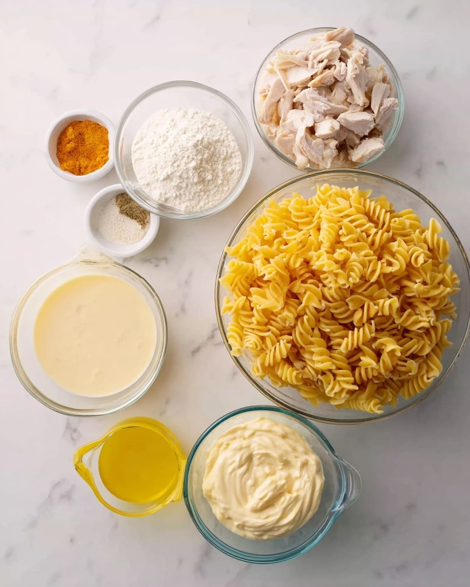The image shows a white marbled surface with several clear glass bowls and a measuring cup holding different ingredients. On the left is a small bowl filled with white powder, and next to it is a small container with orange seasoning. There is a glass bowl with pieces of light beige cooked chicken near the center. To the right, a large glass bowl is filled with uncooked yellow spiral pasta. In front of the chicken and pasta, two glass measuring cups hold creamy mixtures, one is light yellow, thick and smooth, and the other is white with small bits mixed in. A measuring cup with yellow liquid sits to the far left. All containers sit neatly on the white marbled background. Photo taken with an iphone --ar 4:5 --v 7