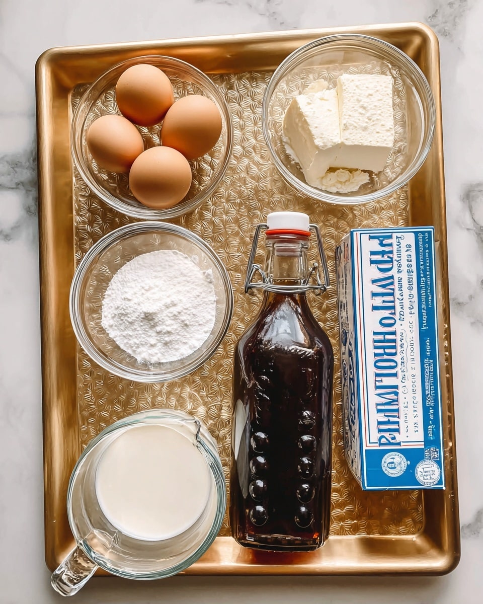 The image shows various ingredients neatly arranged on a gold textured tray placed on a white marbled surface. There are two clear glass bowls, one with five light brown eggs and the other filled with white sugar. Next to them is a clear small glass bowl with white powder, likely baking powder or flour, and beside it is a clear glass measuring cup filled with milk. There are two rectangular packs of Philadelphia cream cheese in white and blue packaging near the top right of the tray. In the center of the tray, there is a tall, dark brown glass bottle with raised bumps and a metal clasp white cap, possibly containing vanilla extract or syrup. photo taken with an iphone --ar 4:5 --v 7