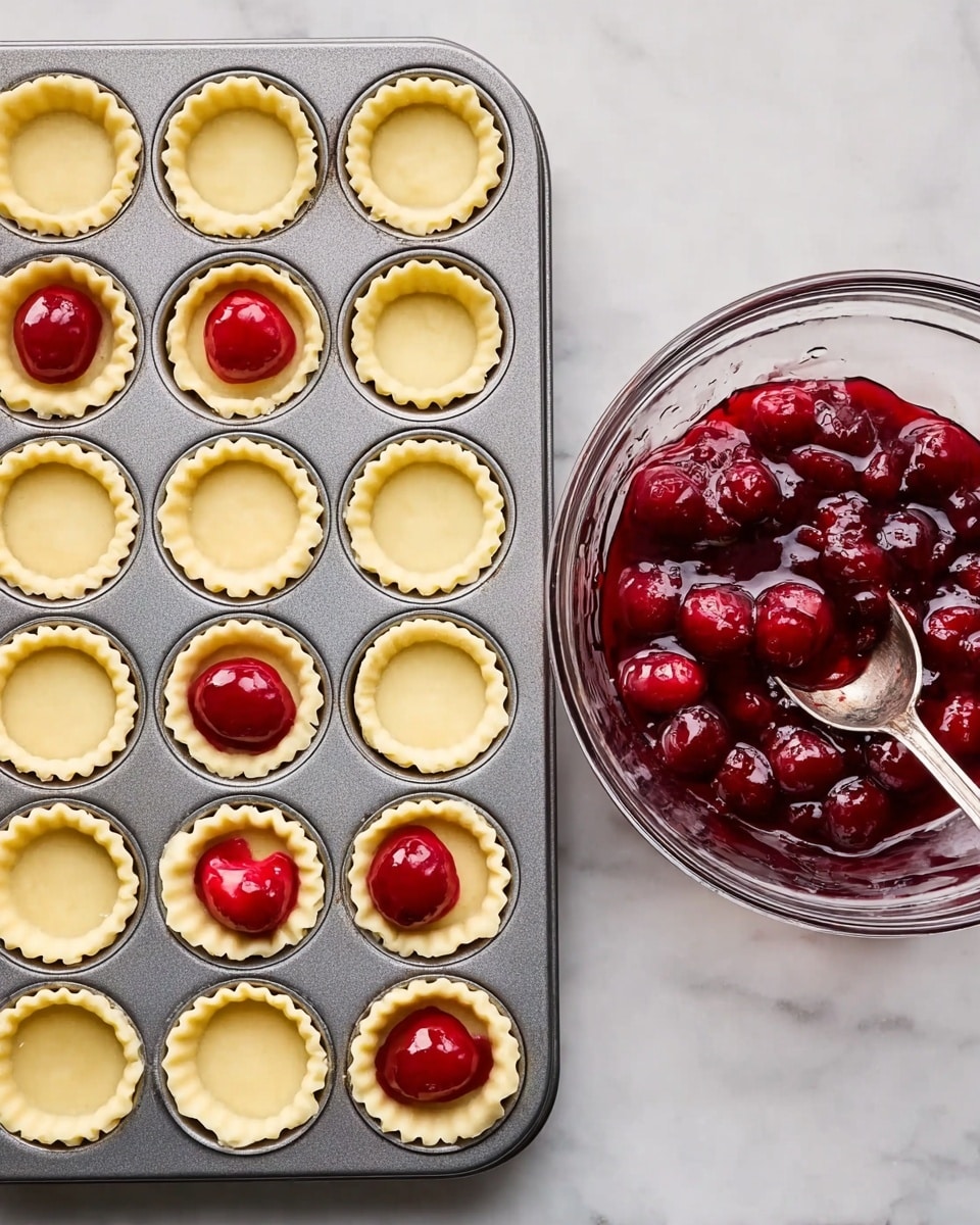 A top view of a metal mini muffin tray with 24 small pie shells; 20 shells are plain and pale yellow with crimped edges, while 4 shells in the top right corner have a bright red dollop of cherry filling. Next to it on the right is a clear glass bowl full of shiny cherry pie filling with whole cherries visible, and a silver spoon inside. All is placed on a white marbled surface. photo taken with an iphone --ar 4:5 --v 7