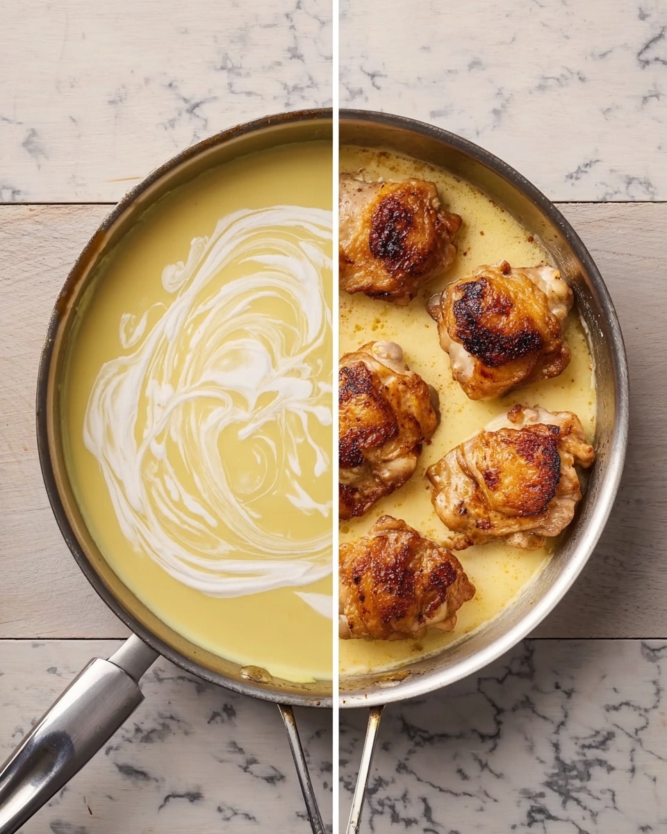 The image is split into two parts side by side, each showing a silver frying pan with a white marbled texture surface beneath them. On the left side, the pan contains a creamy yellow sauce with a swirl of white cream on top, creating a soft swirling pattern. On the right side, the same pan holds six browned pieces of cooked chicken thighs sitting on top of the same creamy yellow sauce, with the chicken pieces looking juicy and slightly charred. The wooden surface beneath both pans has been changed to a white marbled texture. Photo taken with an iphone --ar 4:5 --v 7