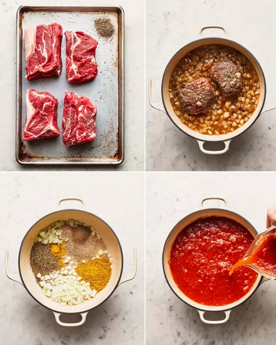 The image shows four panels arranged in a square. In the top left panel, three raw, marbled pieces of red meat are placed side by side on a metal baking tray with a sprinkle of black pepper visible nearby. The top right panel shows the meat now browned and cooked in a white pot with two handles, its browned texture standing out against the pot's light interior. The bottom left panel features the same white pot filled with small diced onions mixed with several piles of spices in various colors: golden yellow, brown, and white, sitting on a white marbled surface. The bottom right panel shows the white pot filled with the softened onion and spice mix, with a large bright red tomato sauce layer covering the top and a woman's hand pouring liquid into the pot. photo taken with an iphone --ar 4:5 --v 7