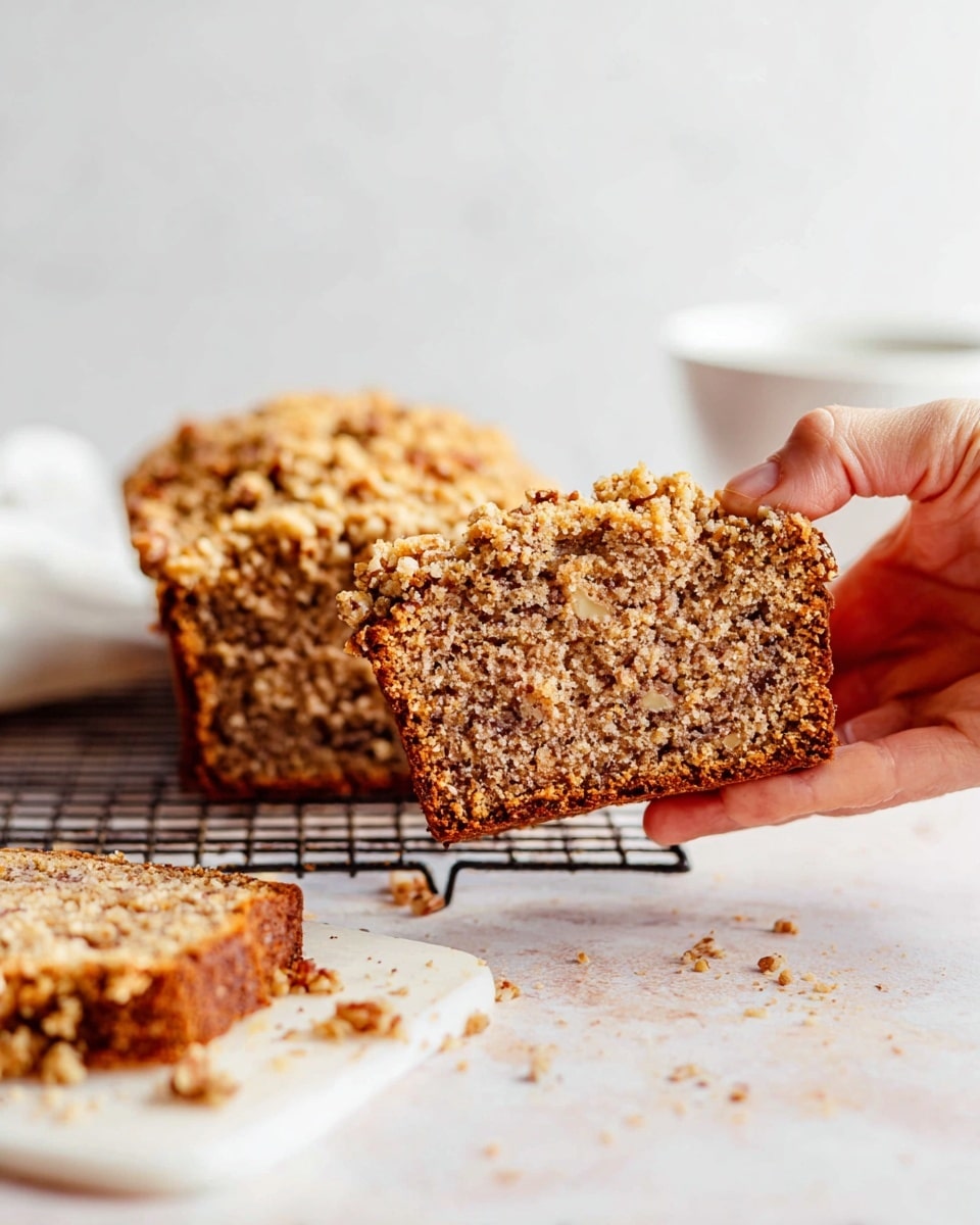 A close-up image shows a slice of brown nut bread with a crumbly, golden topping being held by a woman's hand on the right side. The bread slice's texture is dense and moist with visible pieces of nuts inside. Behind it, a larger part of the loaf with the same crumbly topping stands upright on a cooling rack. Another slice of the bread lies flat in the front left corner on a white marbled surface, with crumbs scattered around. A white bowl is slightly visible on the right side. The background is smooth and light-colored. photo taken with an iphone --ar 4:5 --v 7