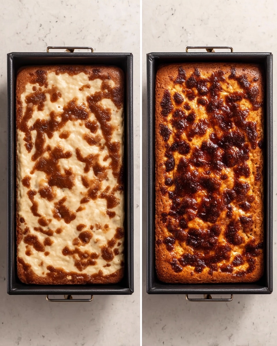 The image shows two stages of a rectangular cake in a black baking pan, placed on a white marbled surface. The left side shows the unbaked cake layer, which is a light beige dough covered unevenly with a thick, dark brown sauce creating a marbled effect across the surface. The right side shows the baked cake with the dark brown sauce caramelized and bubbled into a rich, irregular pattern on top. The cake has a golden-brown base with the darker sauce forming textured, almost burnt spots scattered throughout the surface. The pan edges and clips are visible on both sides. photo taken with an iphone --ar 4:5 --v 7