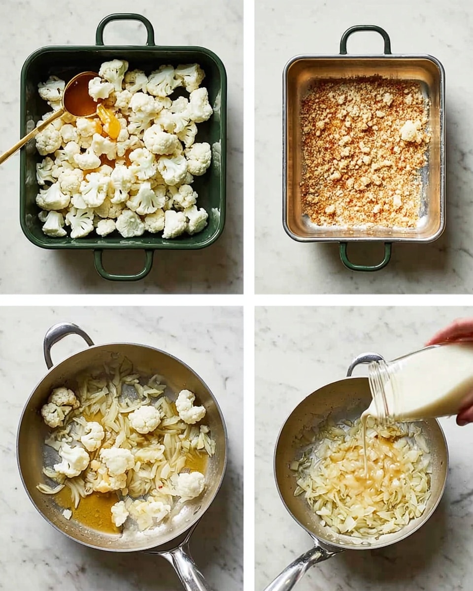 The first image shows a dark green baking dish filled with many white cauliflower florets spread evenly. A golden spoon with honey is held over the dish by a woman's hand on the side. The second image is a silver frying pan containing an even layer of small, toasted golden brown crumbs spread on the surface. In the third image, the same frying pan has melted butter cubes and light golden cooked onions scattered inside, with the butter partially melted and softening the onions. The fourth image shows the frying pan again with the cooked onions mixed with a white creamy liquid being poured in from a bottle on the right side. All images have a white marbled surface background. Photo taken with an iphone --ar 4:5 --v 7
