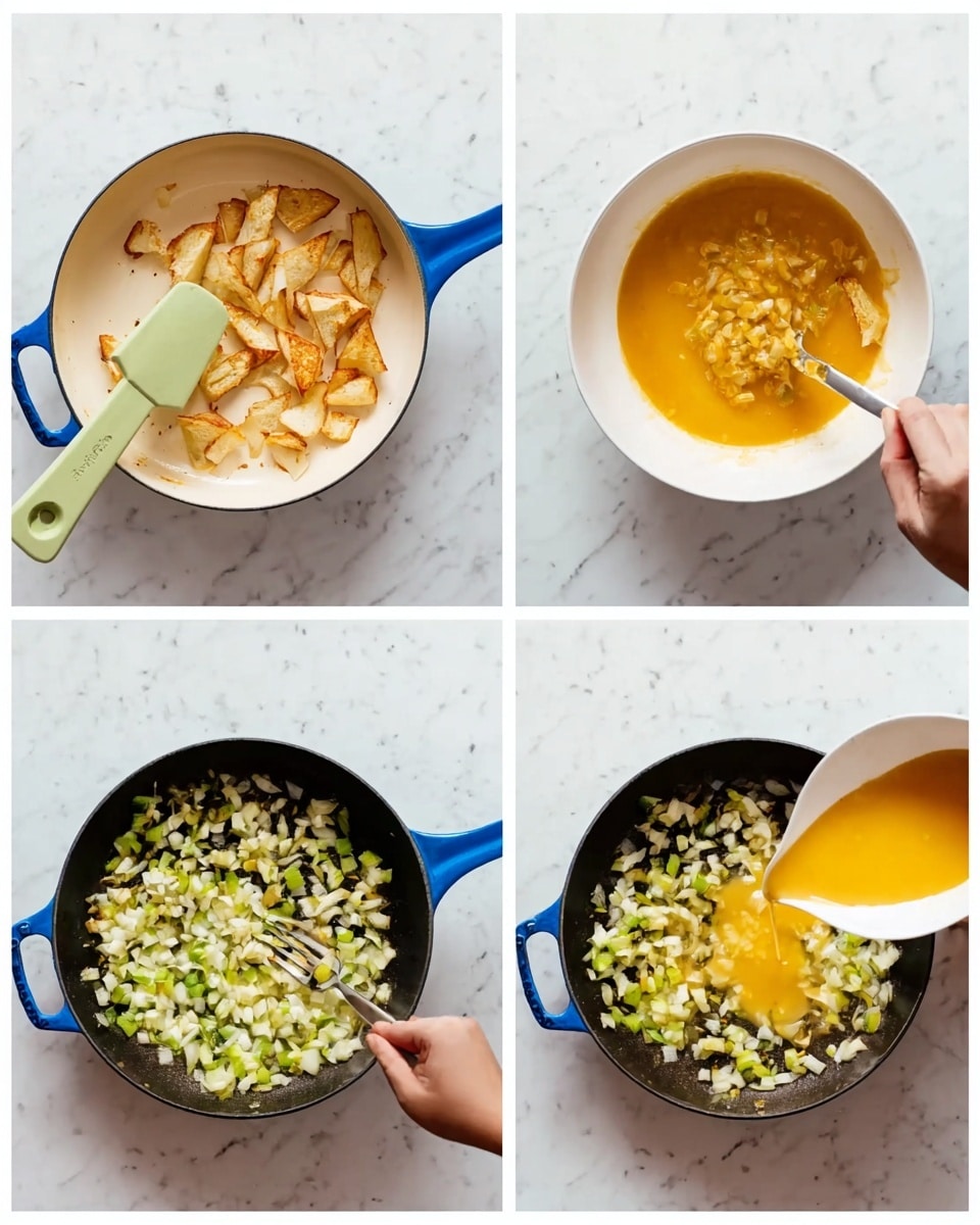 A collage of four images shows the cooking process of a dish on a white marbled surface. The top-left image has a white skillet with blue handles holding broken light golden pieces that appear crispy, with a pale green silicone spatula stirring them. The top-right image features a white bowl with a rich orange-yellow mix being stirred by a woman's hand holding a white fork. The bottom-left image shows the same skillet from the first image, now filled with chopped white and green vegetables. The bottom-right image displays the same skillet with the vegetable mix covered by the orange-yellow liquid from the bowl being poured in by a woman's hand, ready to cook. Photo taken with an iphone --ar 4:5 --v 7