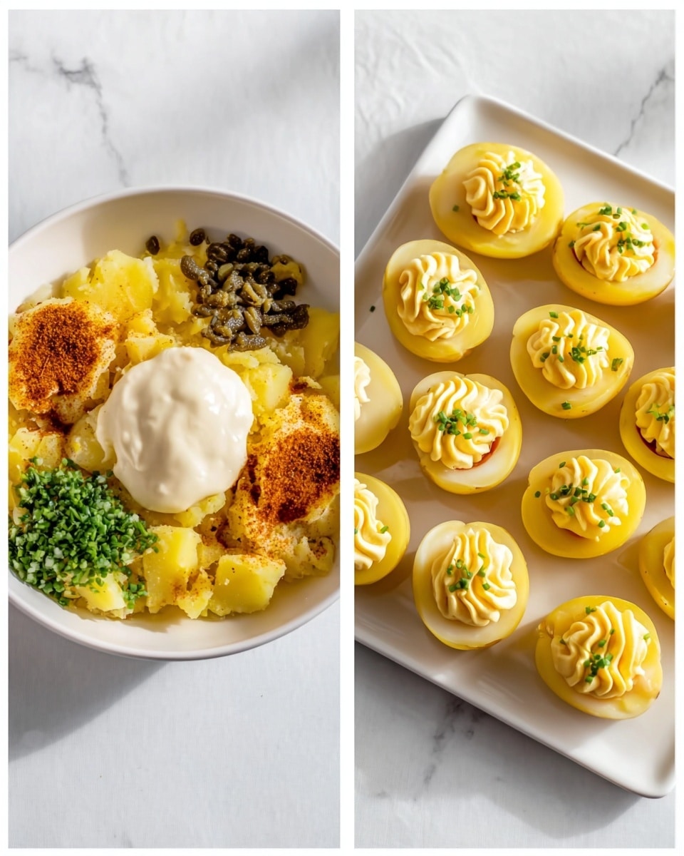 The left image shows a white bowl filled with several layers of ingredients: the bottom layer is crushed yellow potatoes, topped with a large dollop of white mayonnaise-like sauce on the top left, a small amount of brown mustard next to it, some chopped green herbs on the bottom right, a small pile of dark green chopped pickles on the far right, and sprinkled with reddish-brown and black spices across the middle. The right image shows a white square plate holding sixteen halved boiled yellow potatoes arranged in three uneven rows, each topped with a creamy yellow mixture piped in decorative swirls, garnished with small green herb pieces. The background in both images is a white marbled surface, with soft natural light enhancing the colors photo taken with an iphone --ar 4:5 --v 7