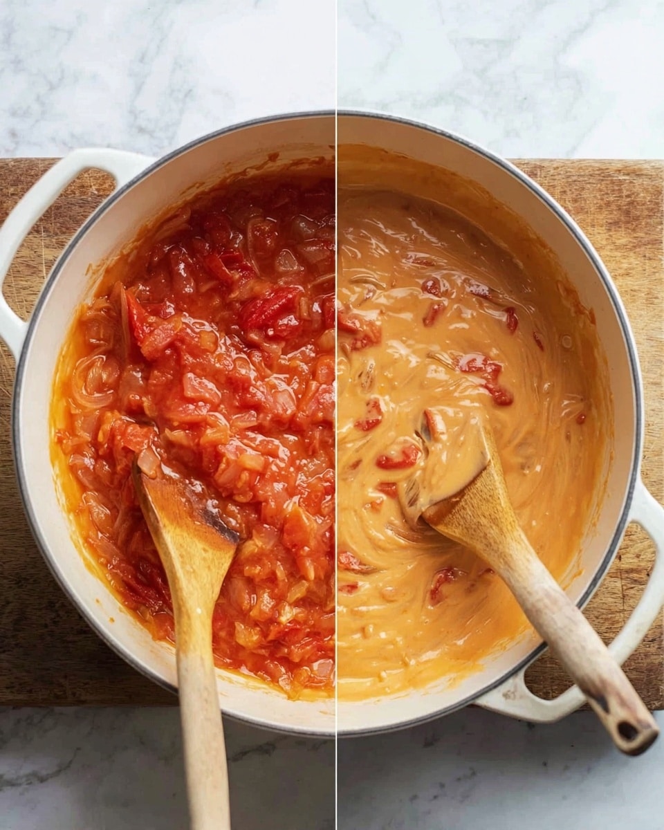 The image shows a white pot with two layers of sauce inside, placed on a white marbled surface next to a wooden board. The left side shows a thick red tomato sauce with visible chunks of tomatoes and onions, stirred with a wooden spoon resting inside the pot. The right side displays a creamy, pale orange sauce with some red tomato pieces mixed in, the same wooden spoon resting inside, swirling and blending the sauce. Photo taken with an iphone --ar 4:5 --v 7