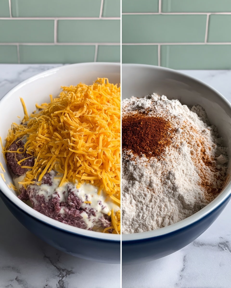 The image shows two side-by-side photos of a white bowl with blue inside on a white marbled surface. In the left photo, the bowl holds a bottom layer of purple meat mixed with a thick white layer of cream or sauce around it, covered by a large mound of bright yellow shredded cheddar cheese on top. In the right photo, the same bowl now adds a large pile of light beige flour and a small, focused mound of dark red powder seasoning on top of the cheese and meat mixture. The bowl is near a light green brick wall. photo taken with an iphone --ar 4:5 --v 7