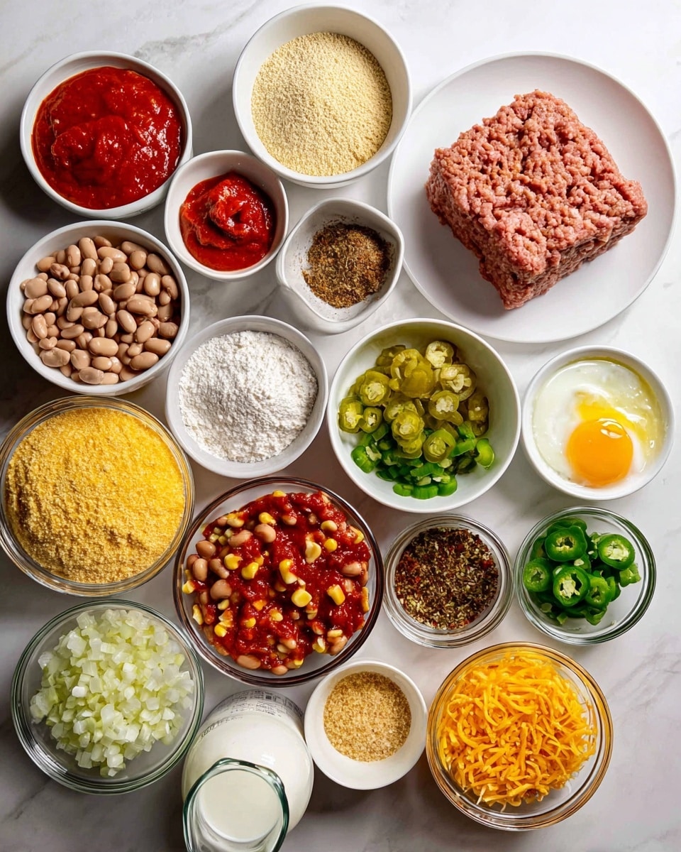 The image shows a white marbled surface with many small white bowls and one clear glass bowl arranged closely, each holding different ingredients. In the top right is a white plate with a large square block of raw ground meat, light pink and textured. Around it are bowls holding bright red tomato paste, chopped green peppers, minced garlic, a mix of spices in shades of brown, black, and white, and fresh sweet corn kernels that are yellow. There are also chopped onions with a white color, light brown pinto beans, and finely diced red bell peppers. A clear glass bowl holds a mix of dry ingredients including white flour, yellow cornmeal, and brown sugar. Smaller metal and glass cups contain liquid tomato sauce, cooked chunky tomato stew, an egg with a bright yellow yolk in clear glass, sliced green jalapeños, shredded orange cheese, and a clear measuring cup with white milk. The whole arrangement is neat with items in bowls layered in rows visually balanced photo taken with an iphone --ar 4:5 --v 7