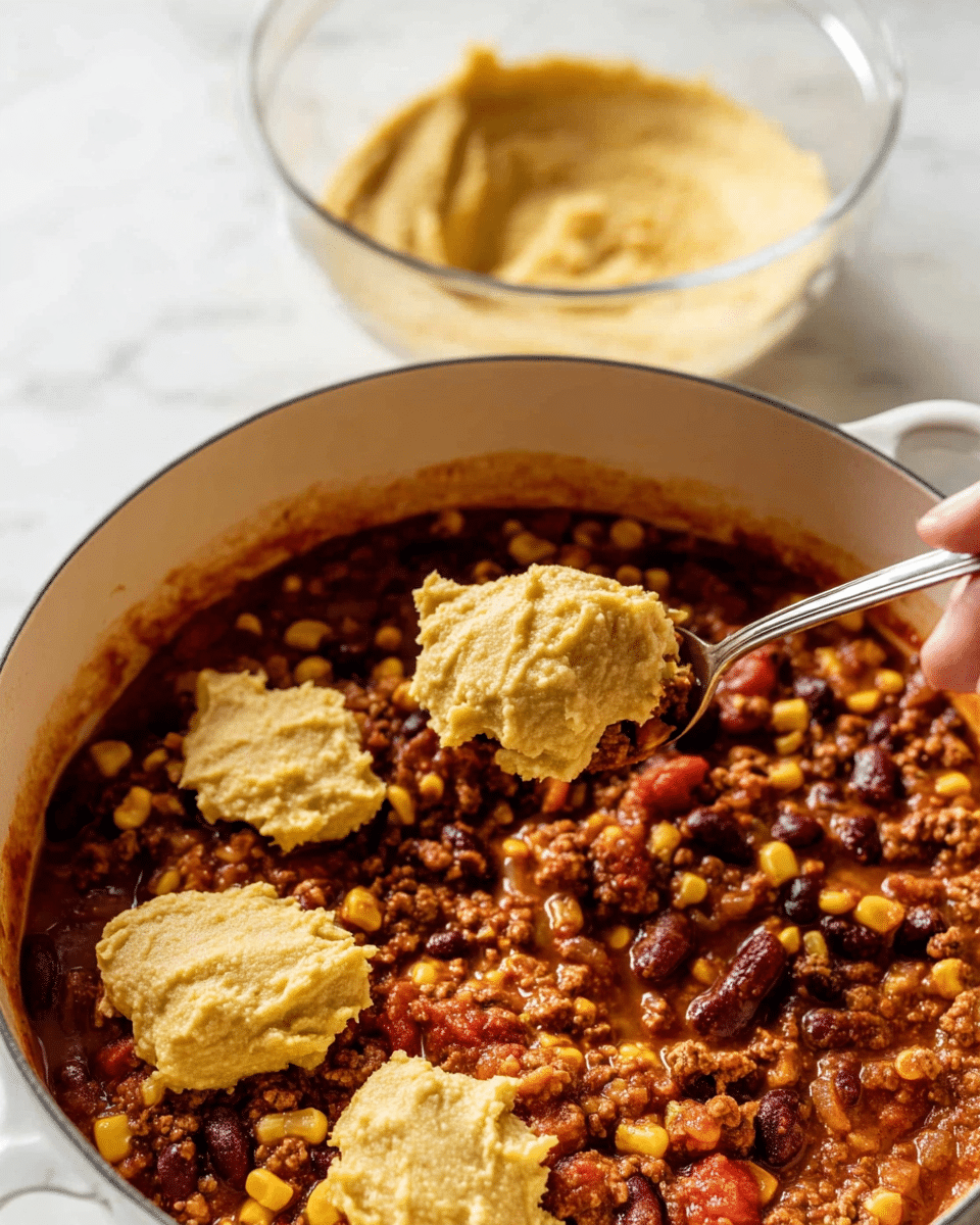 A white pot filled with a thick stew, containing a mix of dark brown beans, ground meat, bright yellow corn, and red tomato pieces in a rich, reddish-brown sauce. On top, there are three dollops of thick pale yellow batter placed unevenly, one being spread by a spoon held in a woman's hand on the right side of the pot. Behind the pot, a clear glass bowl holds more of the pale yellow batter. The background is a white marbled texture. photo taken with an iphone --ar 4:5 --v 7