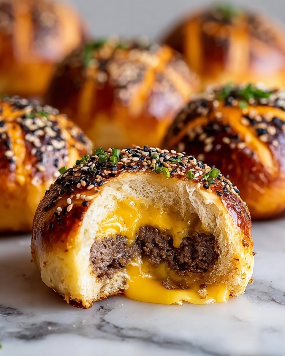 The image shows several small cheeseburger sliders arranged on a white plate over a white marbled surface. Each slider has a shiny golden brown top bun sprinkled with white sesame seeds and small green herb bits. Inside, there is a thick layer of melted bright yellow cheese covering a juicy dark brown ground beef patty. The buns are soft with fluffy white inside, and one slider in the front is partially bitten, showing the layers clearly. The cheese looks melted and slightly dripping, adding to the rich texture. Photo taken with an iphone --ar 4:5 --v 7