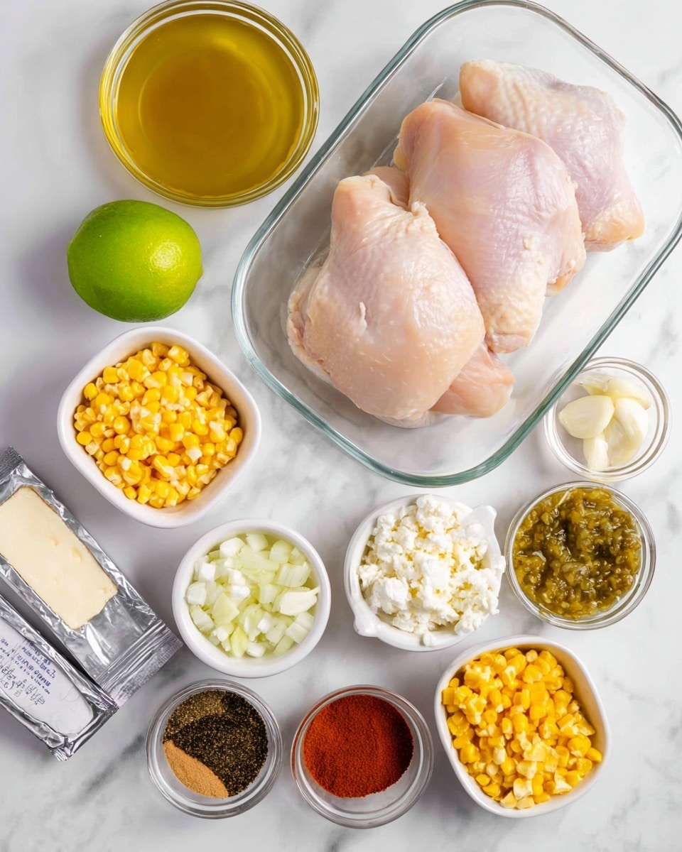 The image shows ingredients arranged neatly on a white marbled surface. In the center is a clear glass dish holding three raw chicken pieces with a pale pink color and smooth texture. Surrounding it are small white ramekins filled with bright yellow corn kernels, finely chopped white onions, crumbled white cheese, and a green chili relish with small chunks. There is also a small white bowl with minced garlic, a whole green lime, and a clear glass bowl of golden broth in the top left corner. A small glass bowl contains various colorful spices including brown, black, red, and orange powders. In the bottom left corner is a rectangular silver packet of cream cheese. Photo taken with an iphone --ar 4:5 --v 7