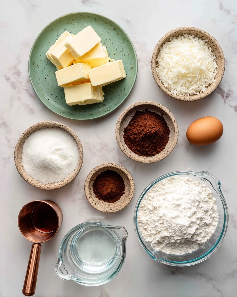 A top-down view of baking ingredients arranged on a white marbled surface. There is a green plate on the left holding several soft yellow butter slices. Near it lies a brown egg. To the right, there are four small stone bowls: one with white baking powder, one with shredded white coconut, one with cocoa powder of dark brown color, and another with plain white flour. A glass measuring cup filled with white icing sugar is positioned at the lower right. A small copper measuring cup with a wooden handle contains water, placed on the left side. A small glass bottle of vanilla extract is near the center. The layout is clean and organized, showing a mix of soft, powdery, and liquid textures, all on a white marbled background photo taken with an iphone --ar 4:5 --v 7