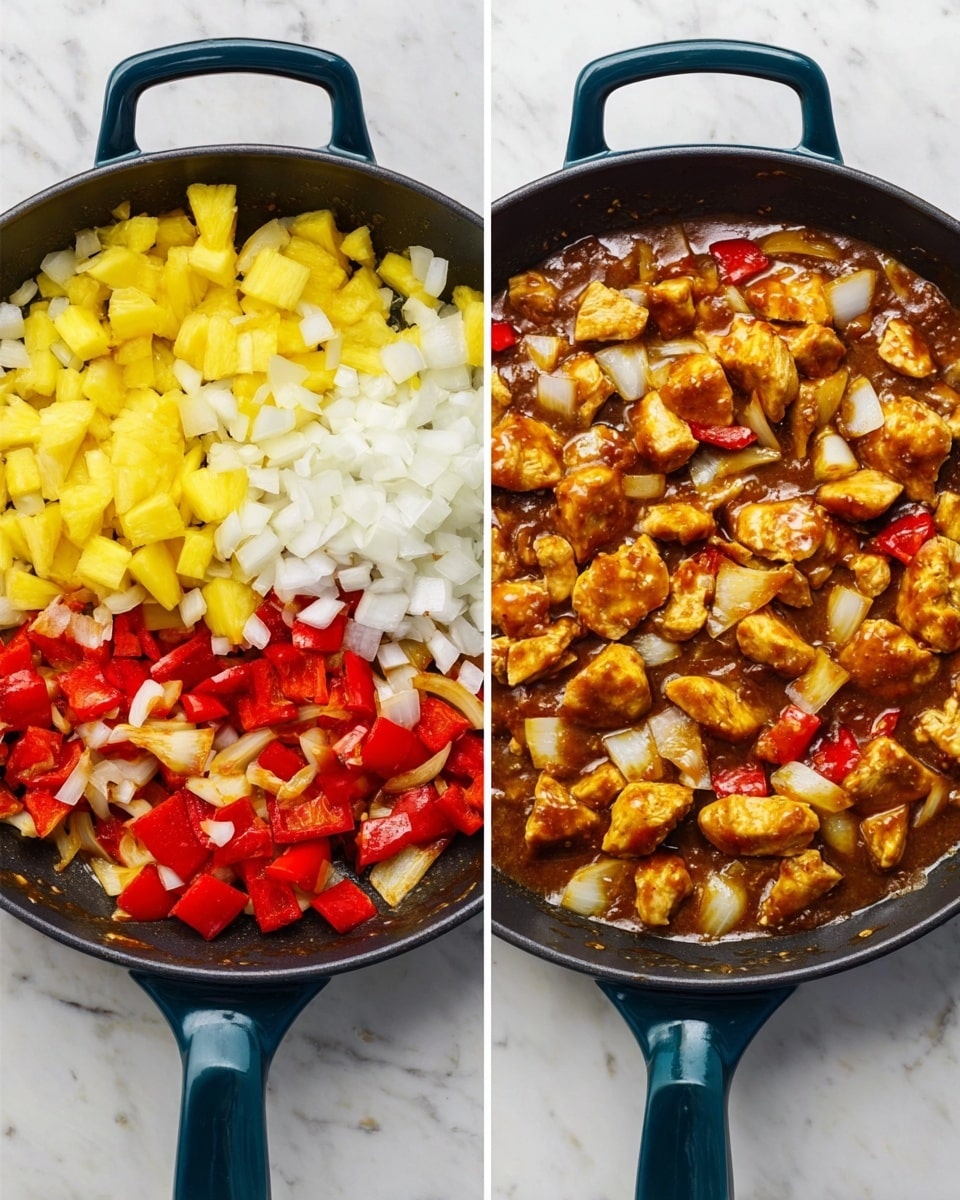 In the first image, a dark skillet is placed on a white marbled surface and shows three layers: a base layer of bright yellow pineapple chunks, a middle layer of vivid red bell pepper pieces, and a top layer of white chopped onion, all fresh and uncooked. In the second image, the same skillet and ingredients are now cooked and mixed in a glossy, thick brown sauce. The dish has golden browned chicken pieces spread evenly, colored by the sauce, with the red bell peppers, yellow pineapple, and white onions all softened and coated in the glossy sauce. The skillet handle is dark teal and visible in both images. Photo taken with an iphone --ar 4:5 --v 7