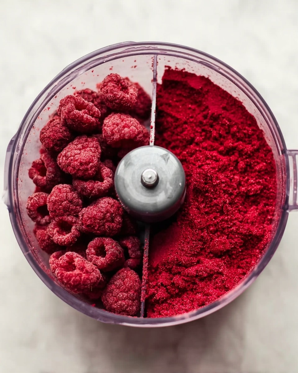 The image shows a clear round container with a silver blade in the middle. Inside the container, there are two stages of red raspberries: on the left side, whole raspberries are stacked loosely with a rough, bumpy texture; on the right side, the raspberries are ground into a fine red powder with a smooth, even texture spread around the blade. The container rests on a white marbled surface. Photo taken with an iphone --ar 4:5 --v 7