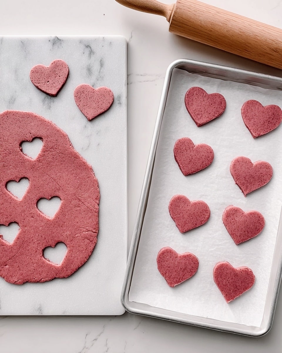 The image shows two parts: on the left side, a white marbled surface with a rolled out pinkish-red dough on a white paper sheet, with heart shapes cut out from the dough and four heart cutouts placed next to it. A wooden rolling pin rests near the upper right corner. On the right side, a white baking tray lined with white parchment paper holds twelve evenly spaced pinkish-red heart-shaped dough pieces, ready for baking. Photo taken with an iphone --ar 4:5 --v 7