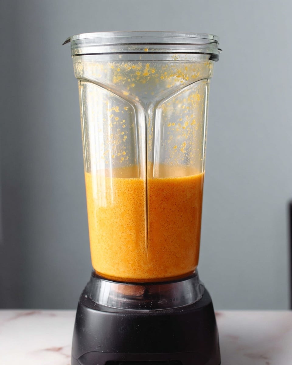 A transparent blender container with a black base is filled about one-third full with a frothy orange mixture that has a slightly thick texture with small bubbles. The mixture appears freshly blended, with splashes of the orange liquid visible on the inside walls of the container. The blender is standing on a clean surface with a white marbled texture, and the background is plain light gray. photo taken with an iphone --ar 4:5 --v 7
