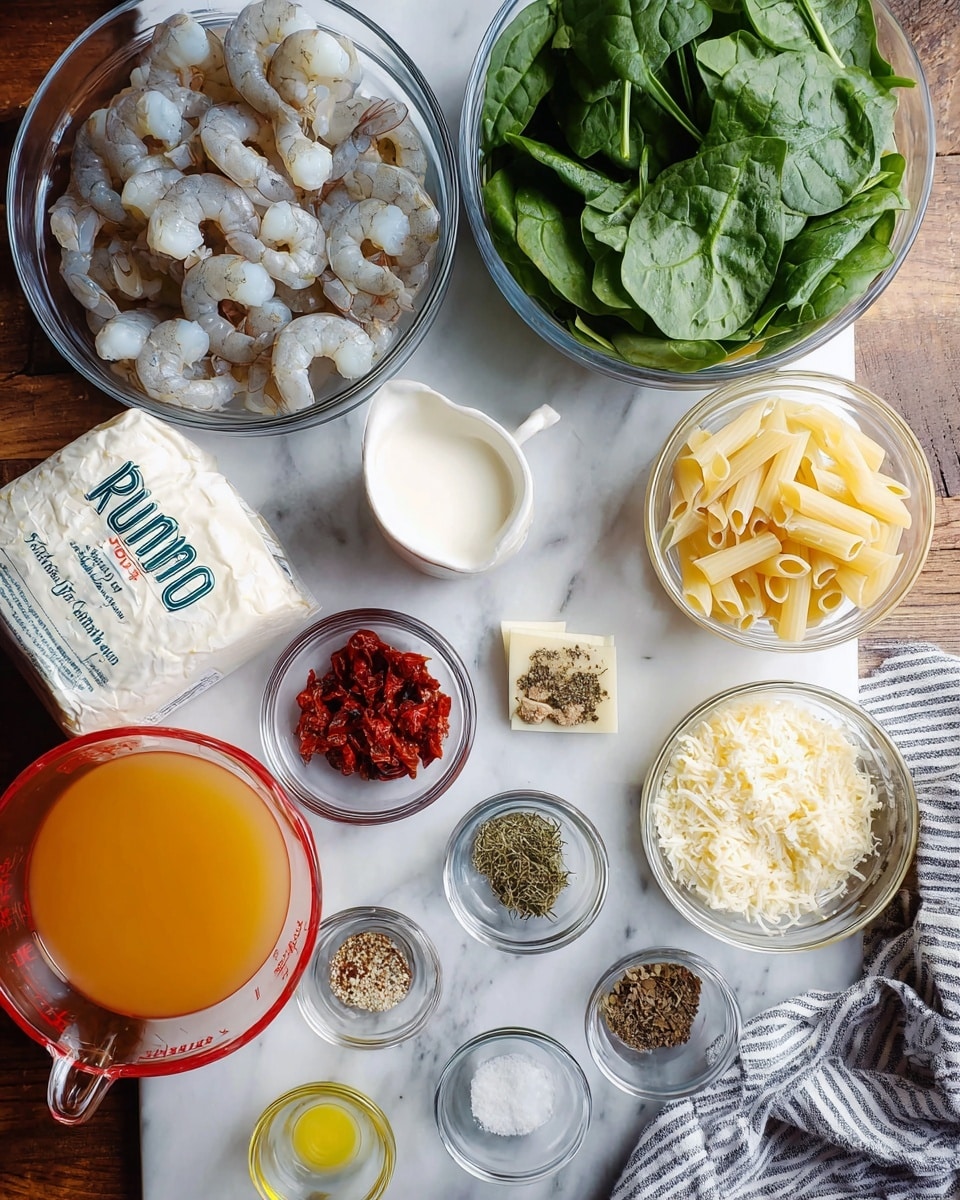 A collection of cooking ingredients arranged neatly on a white marbled surface, featuring a clear glass bowl filled with raw shrimp at the top left, next to another clear bowl of fresh green spinach leaves; below them is a white package of gluten-free penne pasta, surrounded by small glass bowls containing minced garlic, dried onions, tomato paste, chopped sun-dried tomatoes, and mixed dried herbs with salt and pepper. Additionally, there is a small glass jug of cream, a white bowl filled with grated Parmesan cheese, a small piece of butter in a glass dish, a measuring cup with orange broth, and a small glass bowl of oil. A striped kitchen towel is placed to the right side. The photo taken with an iphone --ar 4:5 --v 7