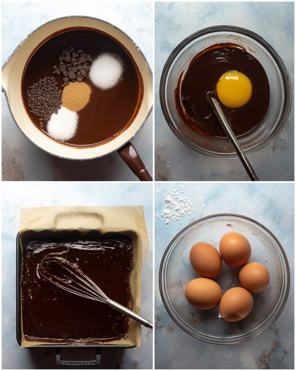 A sequence of five images showing the process of making chocolate batter. The first image shows a white saucepan with three ingredients: light brown sugar, white sugar, and dark brown chocolate chips arranged side by side on a white marbled surface. The second image features the same saucepan with melted chocolate mixture that looks smooth and shiny, deep brown in color. The third image shows a clear glass bowl on the white marbled surface with the chocolate mixture and a whole yellow egg yolk ready to be mixed with a whisk resting inside. The fourth image captures the same glass bowl with the chocolate batter mixed, and three round brown eggs added on top, along with a whisk partially covered in batter. The fifth image shows a dark square pan lined with parchment paper filled with thick shiny dark brown chocolate batter, placed on the white marbled surface, with some salt sprinkled on top. Photo taken with an iphone --ar 4:5 --v 7