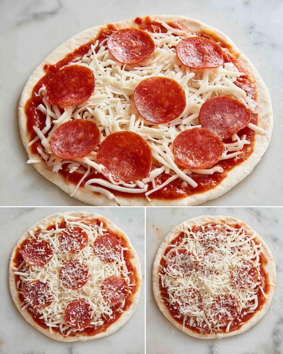 A small round pizza with four layers on a white marbled surface is shown. The first layer is a light tan thin crust base with bright red tomato sauce spread evenly, showing some texture in the sauce. The second layer adds white shredded cheese spread thickly and unevenly over the sauce. The third layer places round red pepperoni slices evenly over the cheese, showing some spacing between them. The last layer is a sprinkling of white grated cheese spread lightly over the pepperoni and cheese below. Photo taken with an iphone --ar 4:5 --v 7