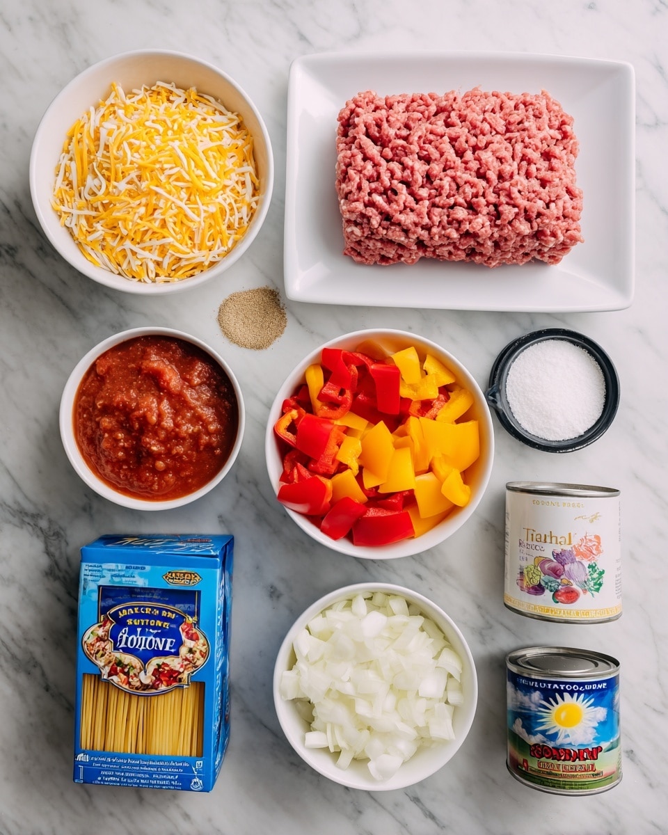The image shows a flat lay of cooking ingredients on a white marbled surface. In the center, there is a white plate with a rectangle of raw ground beef, pink and slightly textured. To the left, a white bowl holds shredded yellow and white Monterey Jack cheese. Below it, a small white bowl contains tan taco seasoning powder. At the bottom center, a blue box of spaghetti noodles with bright images and text is placed flat. To the right of the beef, there is a white bowl filled with chopped red and yellow bell peppers, their colors bright and smooth. Below the peppers, a smaller white bowl contains chopped white onions with a soft, translucent look. Next to it is a tiny black container with white cornstarch powder inside. Between the bowls and below the beef plate, two cans stand side by side: one with a white and blue label of evaporated milk and the other a colorful can of Rotel diced tomatoes and green chilies. The overall look is clean and organized with clear labels on each ingredient. photo taken with an iphone --ar 4:5 --v 7