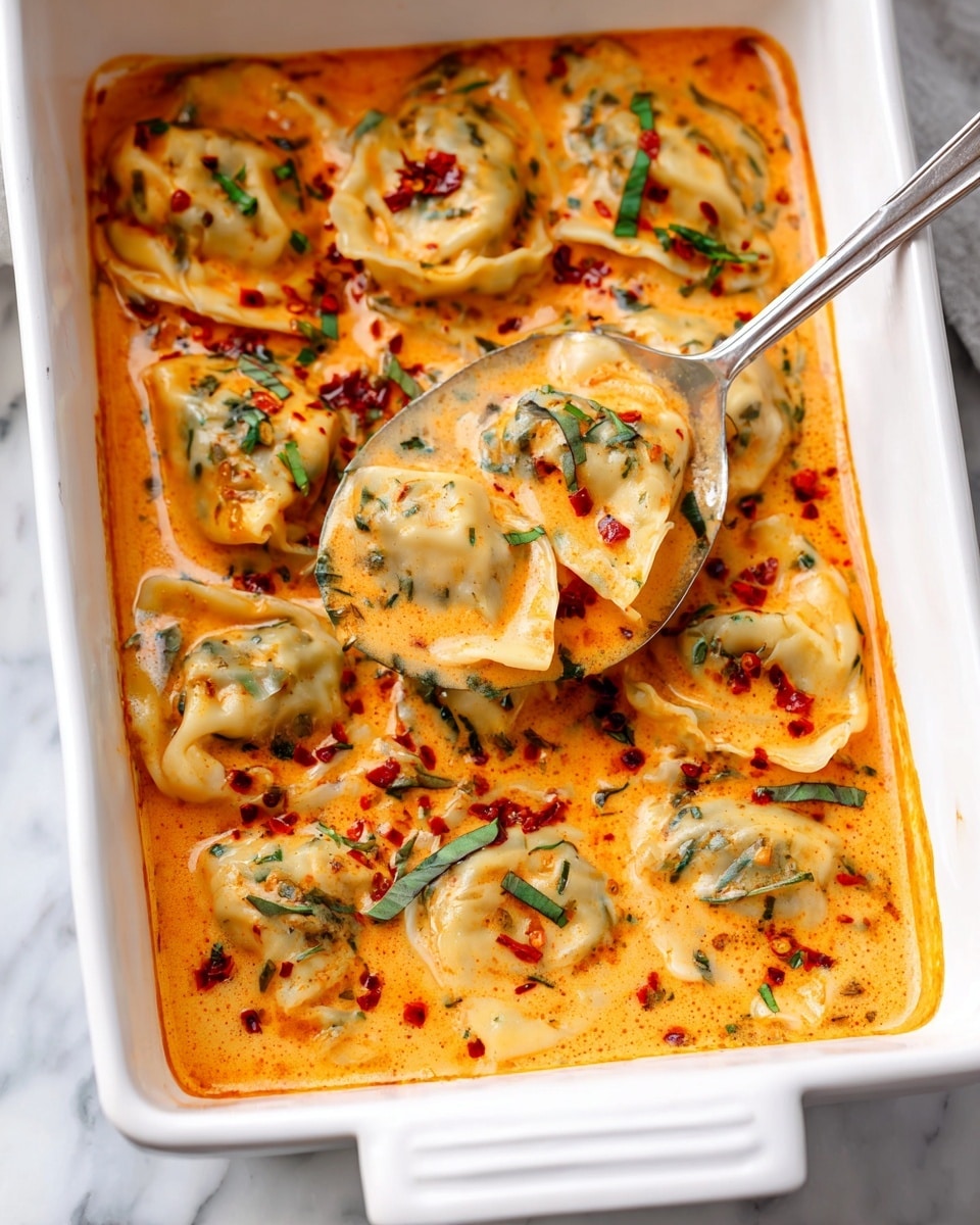 A white rectangular baking dish holds a layered pasta dish with visible rounded pasta folds arranged in rows. The pasta layers are covered with a creamy light orange sauce that has specks of red spices. Scattered throughout the dish are slices of light brown mushrooms and small pieces of bright green kale. There are also hints of red vegetable pieces and the sauce looks smooth and rich, coating everything evenly. The dish sits on a white marbled surface. Photo taken with an iphone --ar 4:5 --v 7