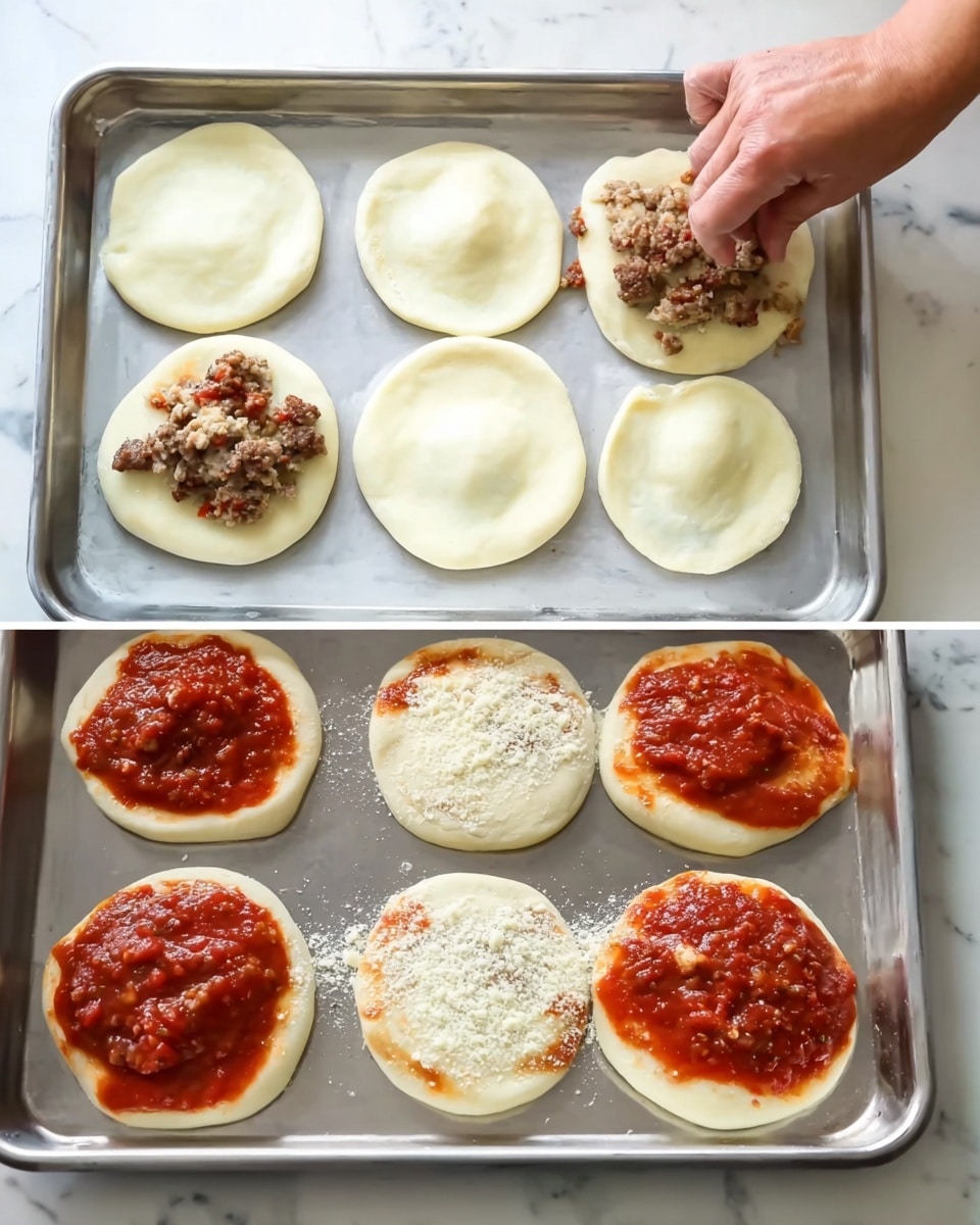 The image shows a sequence of preparing small round dough pieces on a metal baking tray, placed on a white marbled surface. The dough circles are pale cream in color with smooth texture, laid flat and slightly overlapping in some places. Ground meat seasoned with a brown tint is placed in the center of some dough rounds, and a woman's hand is seen gently covering meat with another dough circle, creating a two-layer round pocket for each piece. In the next steps, a thick bright red tomato sauce with a chunky texture is spooned carefully on half of the dough pieces, which still show the creamy pale dough base. Finally, a white powdery cheese or flour is sprinkled lightly over the tomato sauce on each piece. The tray contains six dough rounds arranged in two rows of three. Photo taken with an iphone --ar 4:5 --v 7