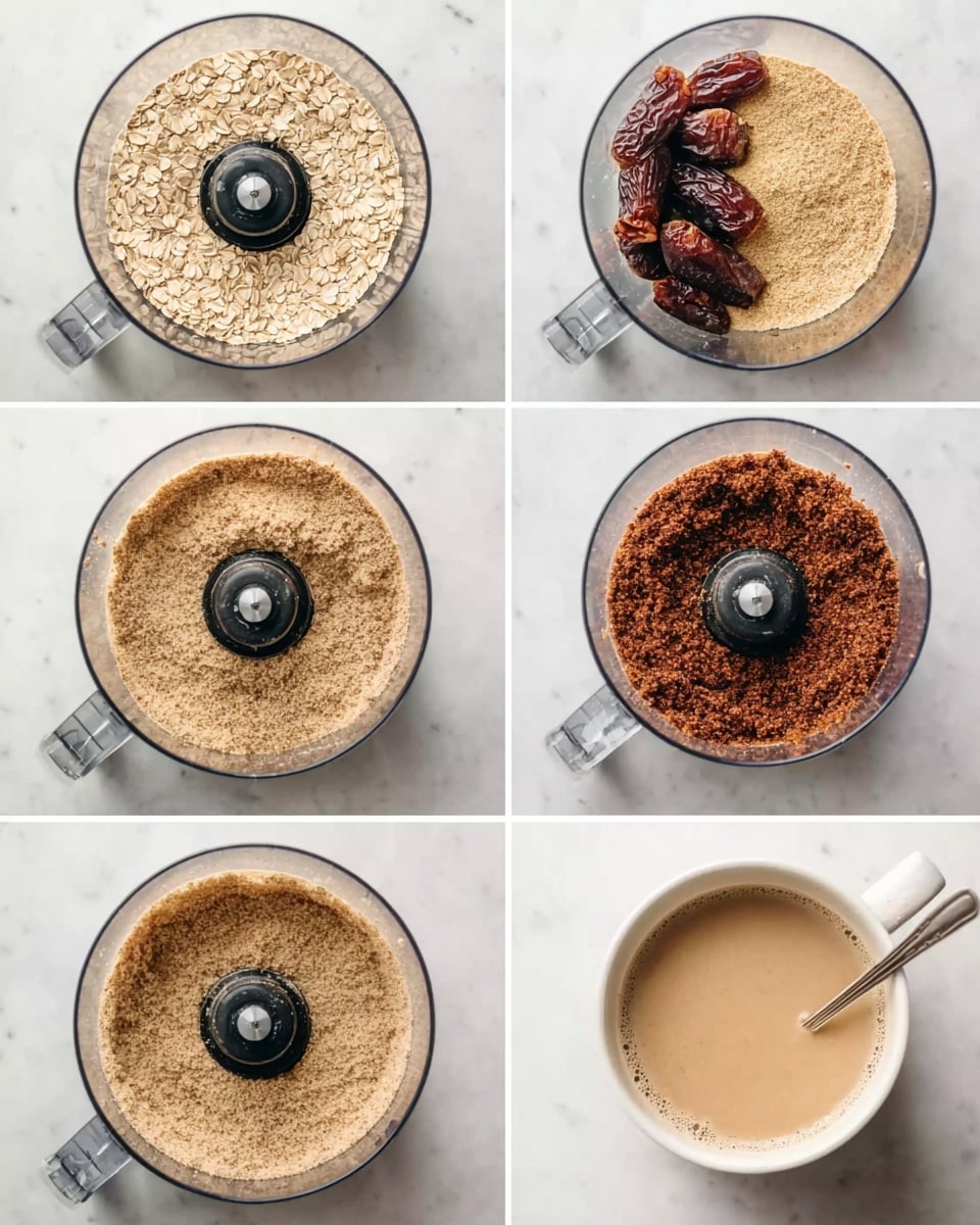The image shows six-stage top-down views of making a food mix in a clear food processor bowl against a white marbled surface. In the first stage, oats packed around the black blade center are visible. The second stage shows the oats ground into a fine light brown powder. The third stage adds whole dark brown dates on top of the powder. The fourth stage shows the mixture ground again to a crumbly light and dark brown texture. The fifth stage presents a smooth, creamy beige liquid in a white cup. In the final stage, the coarse mixture is placed next to the cup with a small spoon resting on top. Photo taken with an iphone --ar 4:5 --v 7