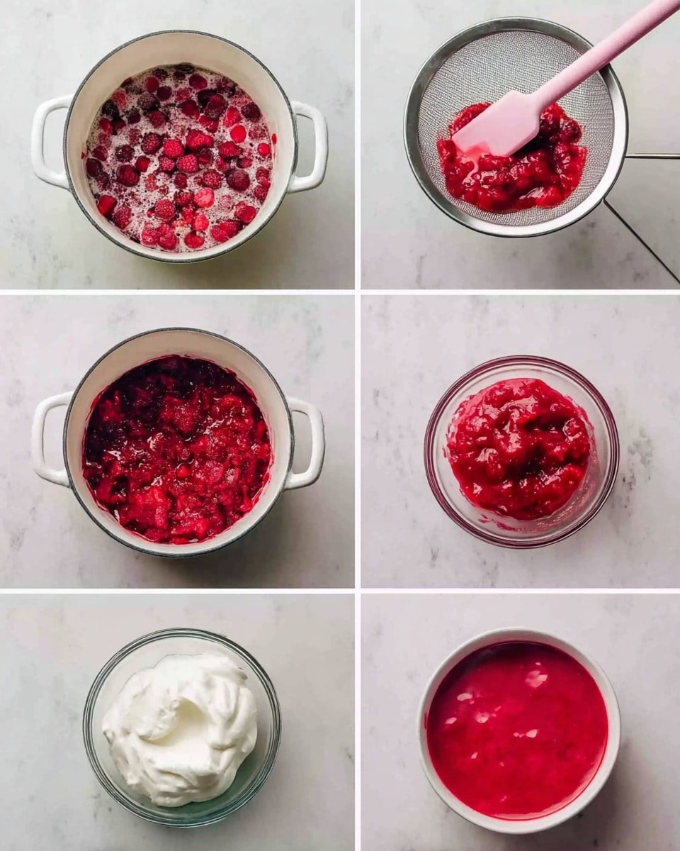 The image shows six steps arranged in two rows of three, all on a white marbled surface. The first step has a white pot full of frozen red berries. The second step shows the same pot now filled with cooked berries in a red, textured sauce. The third step features a metal strainer with a pink spatula stirring mashed berries, placed over a white bowl. The fourth step shows a clear glass bowl with whipped white cream or egg whites. The fifth step features a white bowl with some red berry sauce and a dollop of cream on top. The final step shows a white bowl filled with a smooth red berry mixture. photo taken with an iphone --ar 4:5 --v 7