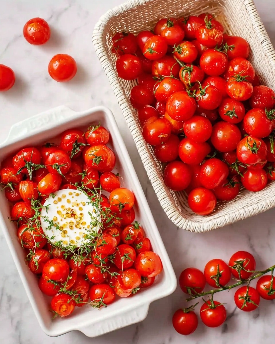 The image shows a white basket filled with bright red cherry tomatoes, some attached to green stems, sitting on a white marbled surface with more tomatoes scattered around. Next to it is a white rectangular baking dish on the same white marbled surface, filled with a single layer of cherry tomatoes, some sprigs of green herbs, and a dollop of creamy white cheese topped with mustard seeds in the center. The tomatoes are vibrant and shiny, evenly spread in the dish. Photo taken with an iphone --ar 4:5 --v 7