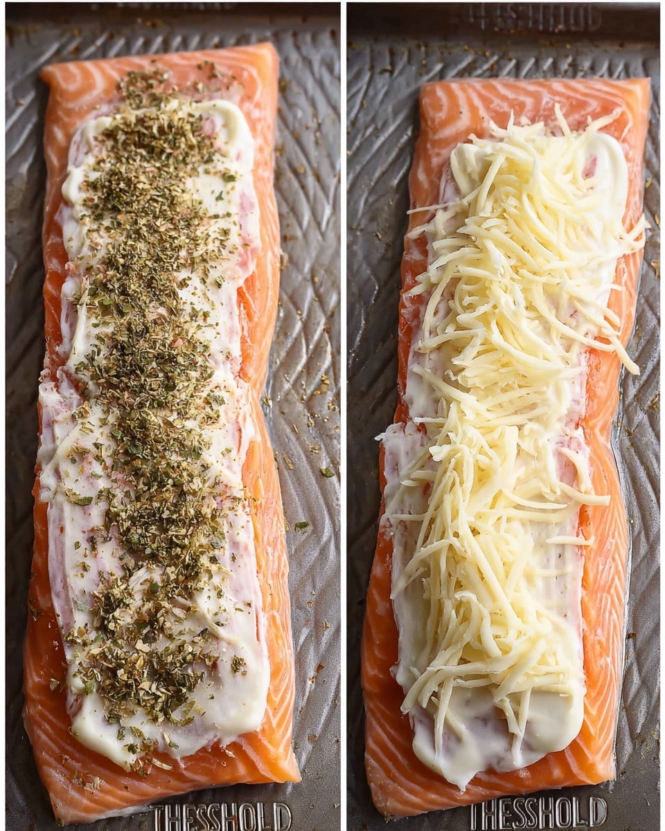 Two raw salmon fillets with a smooth orange-pink color sit side by side on a textured metal pan. On top of each fillet, a thick, uneven layer of white sauce is spread, covering the entire surface. Next, a layer of greenish dried herbs is sprinkled over the sauce, giving a rough, patchy texture. Finally, pale yellow shredded cheese is piled on top in a loose layer, still letting some sauce and herbs show through. The metal pan has the word