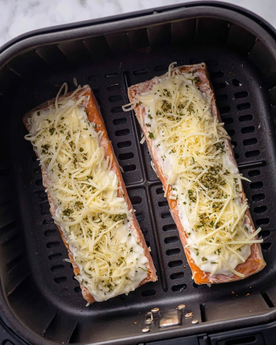 Two long, narrow pieces of pink fish are placed side by side in a black air fryer basket. Each piece has three layers: the bottom layer is the pink fish, the middle layer is a thick, white creamy sauce spread evenly on top, and the top layer is a light sprinkle of pale yellow shredded cheese mixed with some green herbs scattered across. The air fryer basket has a grid pattern and a matte black finish. The scene is set against a white marbled surface. Photo taken with an iphone --ar 4:5 --v 7