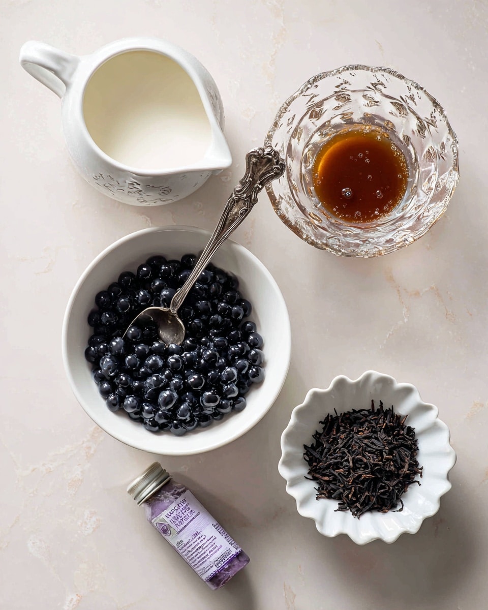 The image shows a white pitcher filled with milk positioned on the top left, and a clear, decorative glass container of brown sugar syrup on the top right. Below, a white bowl holds shiny black boba pearls with an ornate silver spoon resting inside. To the right of this bowl is a white fluted bowl filled with loose black tea leaves. At the bottom center, there is a small bottle of ube paste with a purple label. All items are placed on a white marbled surface. photo taken with an iphone --ar 4:5 --v 7