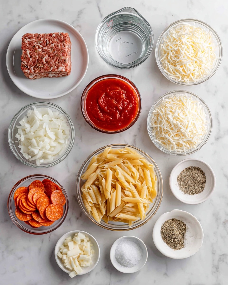 The image shows various ingredients arranged on a white marbled surface. There is a white plate with a block of Italian sausage in the top left. Next to it, a glass bowl filled with red marinara sauce. To the right, a glass bowl of shredded white cheese. Below the cheese, a clear measuring cup with water. On the bottom left, a glass bowl of sliced orange pepperoni and another small glass bowl of chopped white onions. In the center, a large glass bowl with uncooked light yellow pasta penne. Small white dishes hold salt, Italian seasoning, and pale grated parmesan. A small glass bowl with minced garlic is at the bottom right. Each ingredient is clearly visible and neatly placed. Photo taken with an iphone --ar 4:5 --v 7