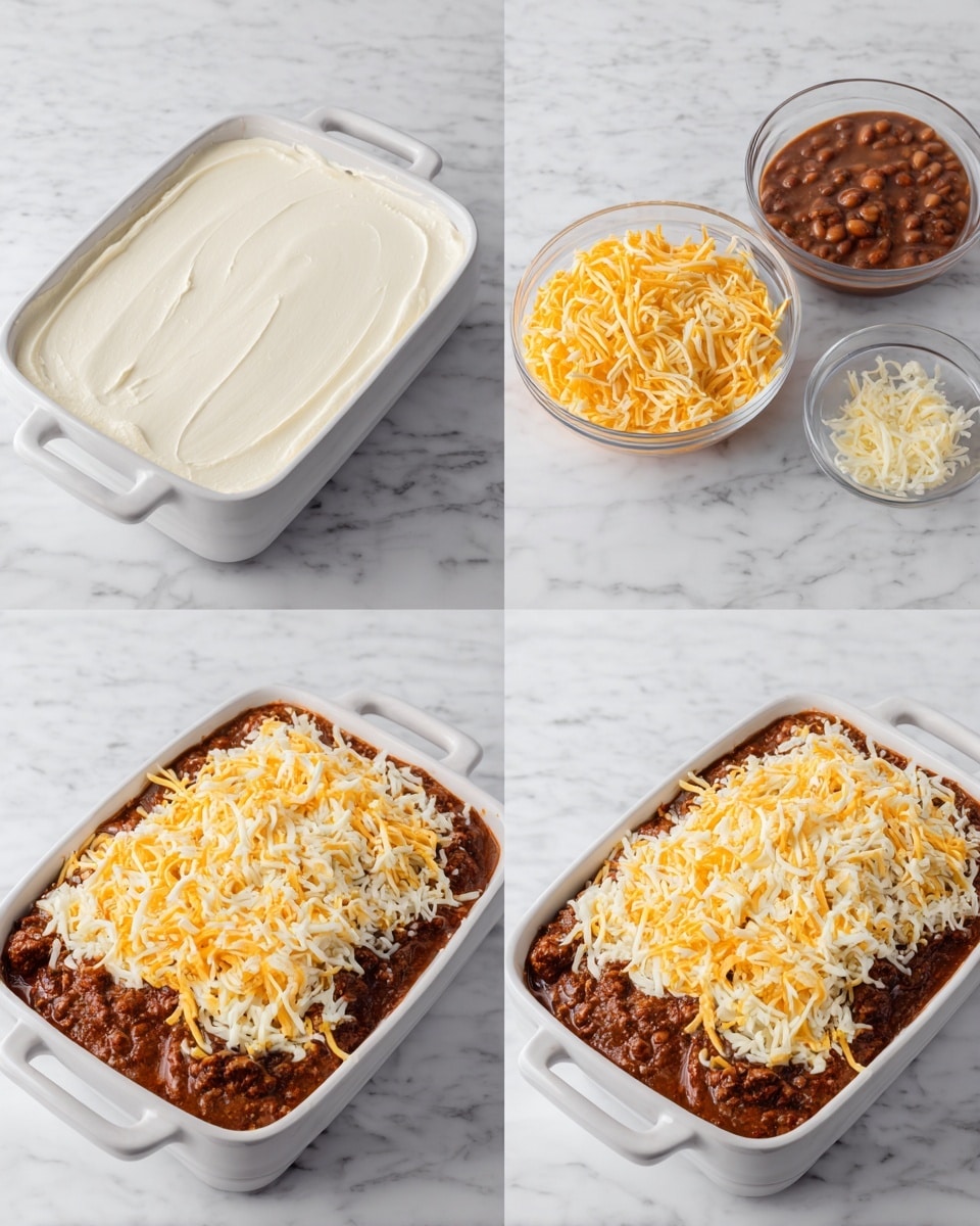 A white rectangular dish sits on a white marbled surface, shown in three stages of assembly. In the first stage, the dish is filled with a thick layer of white creamy mixture spread evenly in the bottom, next to two glass bowls: one with thick brown chili and beans, the other filled with shredded yellow and white cheese. The second stage shows the creamy layer topped with a generous sprinkle of shredded cheese, covering the surface with yellow and white strands. In the third stage, the shredded cheese layer is topped with a thick layer of chunky chili, fully covering the cheese, and a final sprinkle of shredded cheese is spread evenly on top. Photo taken with an iphone --ar 4:5 --v 7