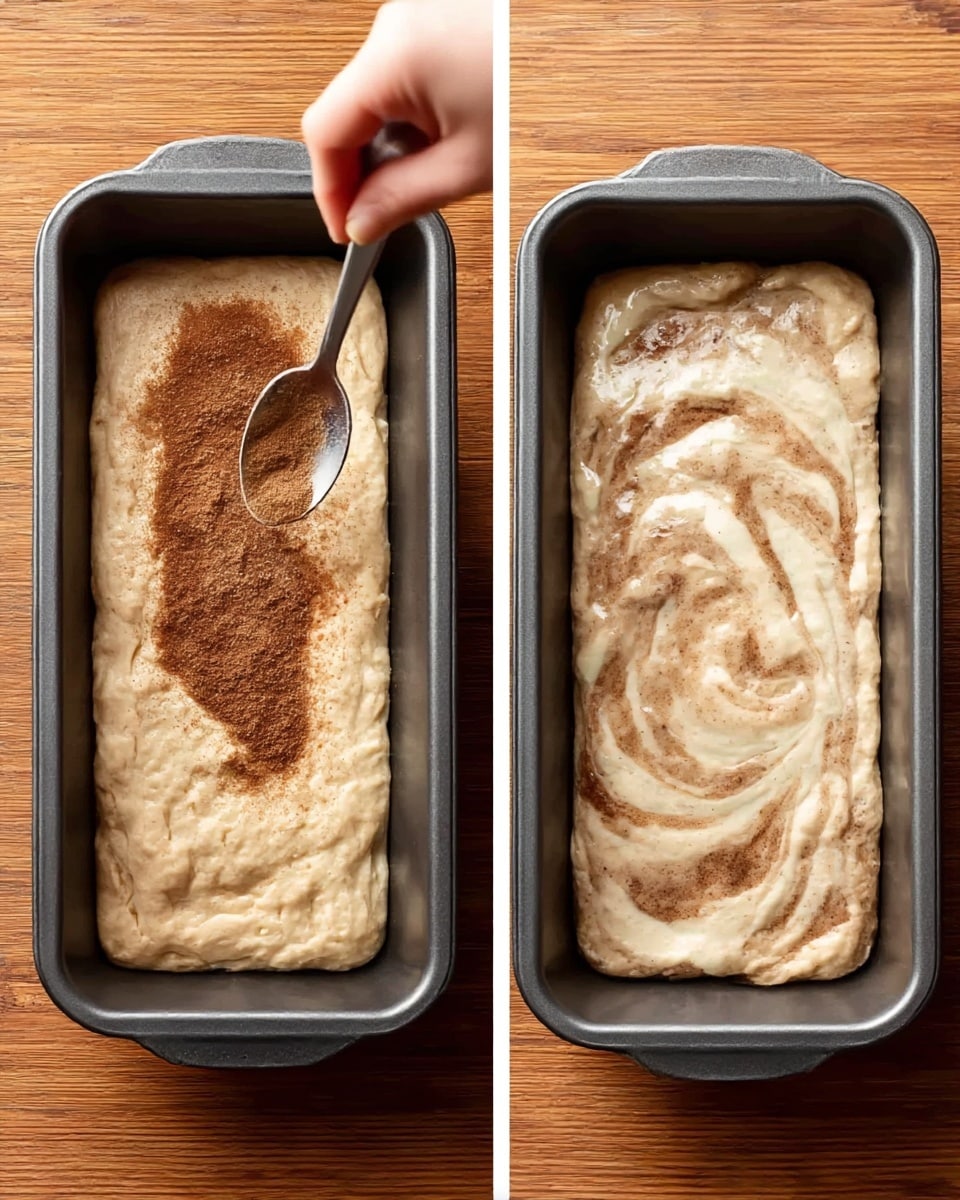 The image shows two side-by-side photos of a dark baking pan filled with light beige dough. In the left photo, a woman's hand holds a spoon above the dough, sprinkling a layer of dark brown cinnamon sugar evenly on top. The right photo shows the dough fully covered with a smooth, light beige batter mixed with some darker spots swirled in, partially covering the cinnamon sugar below. The baking pan is on a warm wooden surface. photo taken with an iphone --ar 4:5 --v 7