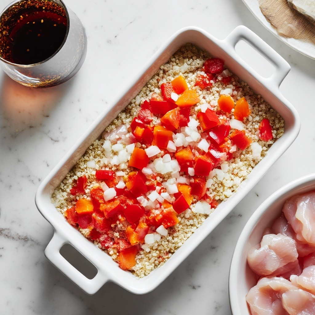 A white rectangular dish with yellow handles contains three layers: at the bottom is a layer of small white quinoa grains covering the base, topped evenly with white chopped onion pieces, and scattered on top are bright red and orange bell pepper chunks. The dish sits on a white marbled textured surface. In the top left corner, there is a glass of dark brown liquid with visible small seeds or spices. At the bottom right corner, a white bowl filled with raw light pink chicken pieces is partially visible. photo taken with an iphone --ar 4:5 --v 7