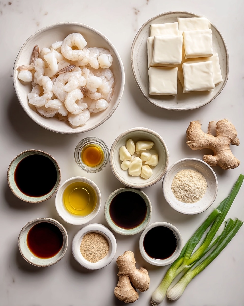 The image shows an overhead view of several small bowls and dishes arranged neatly on a white marbled surface. There is a white bowl filled with white shrimp on the left, a white bowl with neatly stacked square white wrappers on the right, and a white bowl with sliced white garlic cloves near the center. Around these are small bowls holding dark soy sauce, light honey-colored liquid, pale yellow oil, white salt, light beige powder, and a small empty white dish. There are two pieces of light brown fresh ginger root and three green onions with white roots at the bottom right. The colors vary from white, light beige, and green to dark brown, showing a well-organized mix of fresh and dry ingredients. Photo taken with an iphone --ar 4:5 --v 7