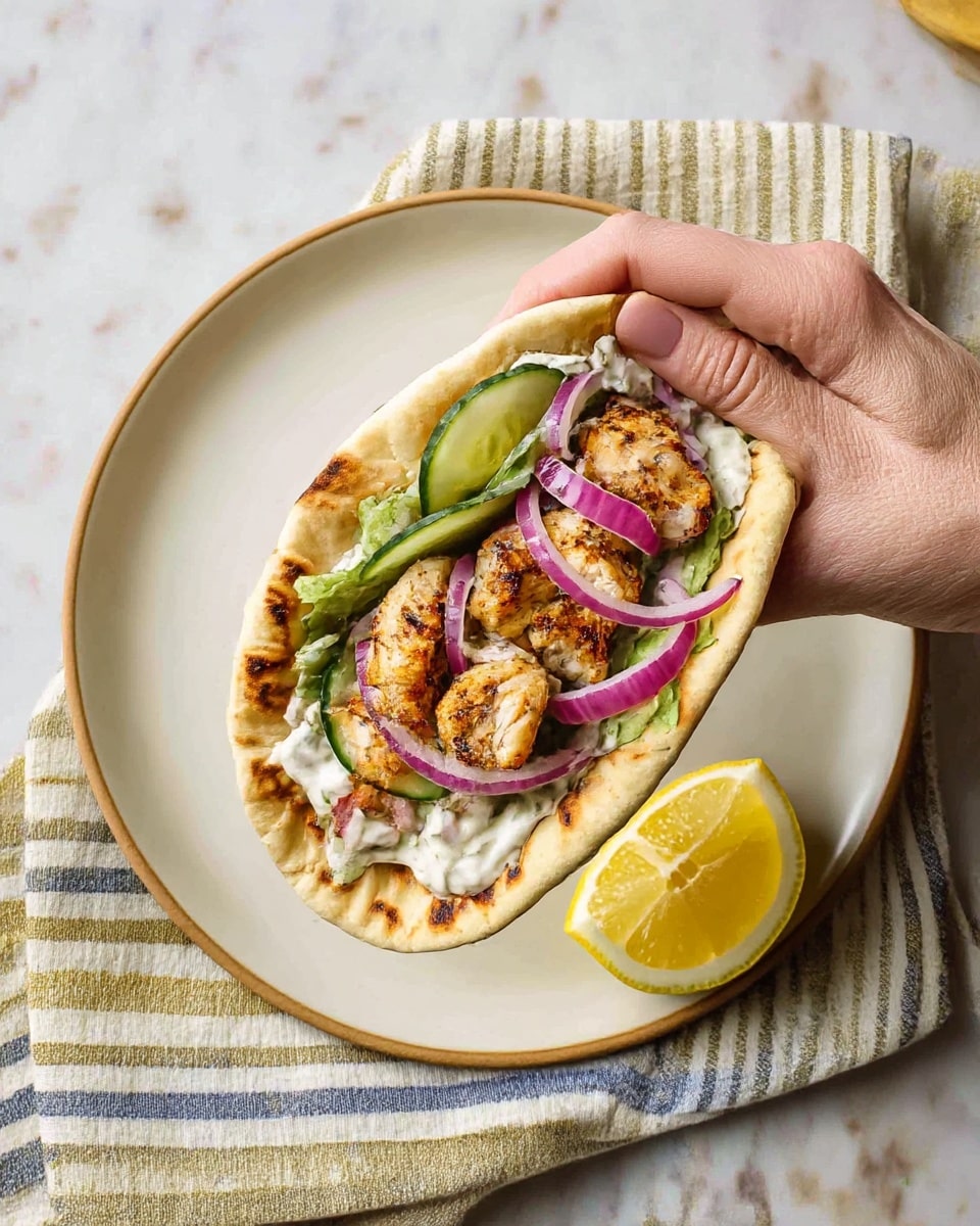 The image shows a woman's hand holding a flatbread wrap with several layers inside. The bottom layer is creamy white sauce spread inside the warm, slightly browned flatbread. On top of the sauce are grilled pieces of golden-brown chicken with a slightly charred look. Thin slices of green cucumber and rings of purple red onion are tucked around the chicken. The wrap is held above a simple white plate with a bright yellow lemon wedge on the side. The setting includes a striped cloth beneath the plate, resting on a white marbled surface. Photo taken with an iphone --ar 4:5 --v 7
