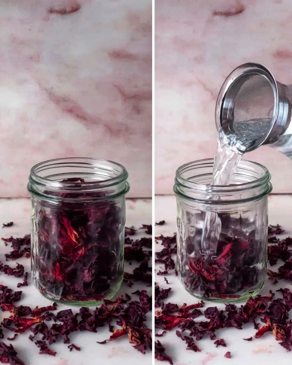 A clear glass jar is centered on a white marbled surface, surrounded by dark red and deep purple dried flower petals scattered around it. In the first part of the image, the jar is filled with these dried petals, showing their crinkled texture. In the second part, clear water is being poured from a transparent glass jug into the jar, mixing with the petals inside. The bright lighting highlights the colors and textures clearly. photo taken with an iphone --ar 4:5 --v 7