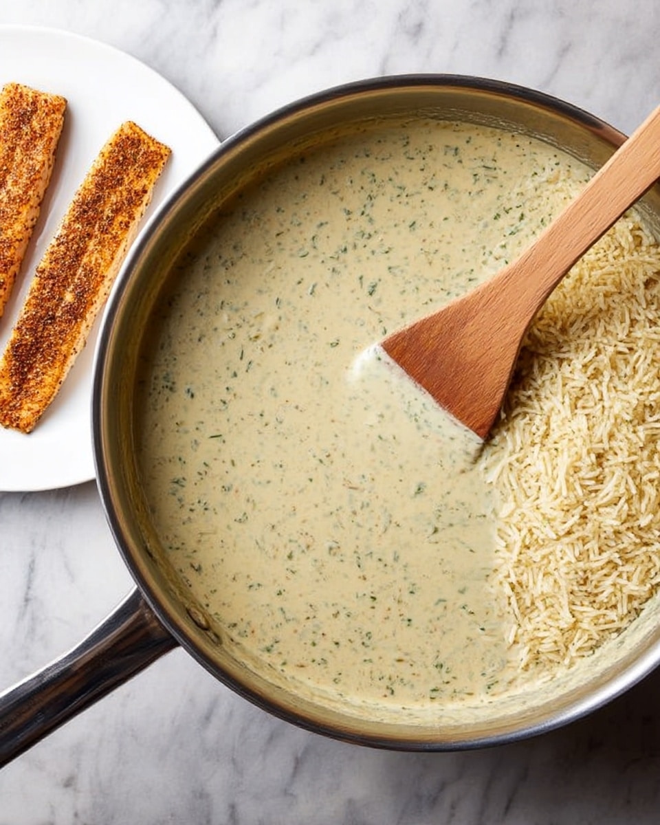 A large silver pan filled with a creamy, light greenish sauce with visible small bits of herbs mixed evenly through it. On one side of the sauce, there is a mound of light yellow rice piled up, ready to be stirred in. A wooden spatula rests inside the pan, its flat edge partly submerged in the sauce near the rice. To the left, on a white plate, three cooked fish fillets with a seasoned brown crust are placed slightly overlapping. All items sit on a white marbled surface. Photo taken with an iphone --ar 4:5 --v 7