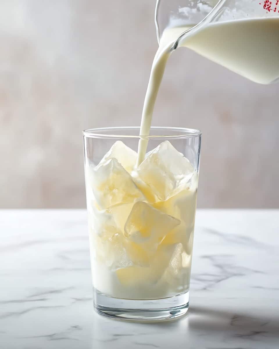 A clear glass filled with ice cubes that are slightly translucent and pale yellow, with a white liquid being poured into the glass from a measuring cup above. The glass is placed on a surface with a white marbled texture, and the background is softly blurred to keep focus on the glass. The pouring white liquid creates a smooth, creamy effect that blends with the ice inside. photo taken with an iphone --ar 4:5 --v 7