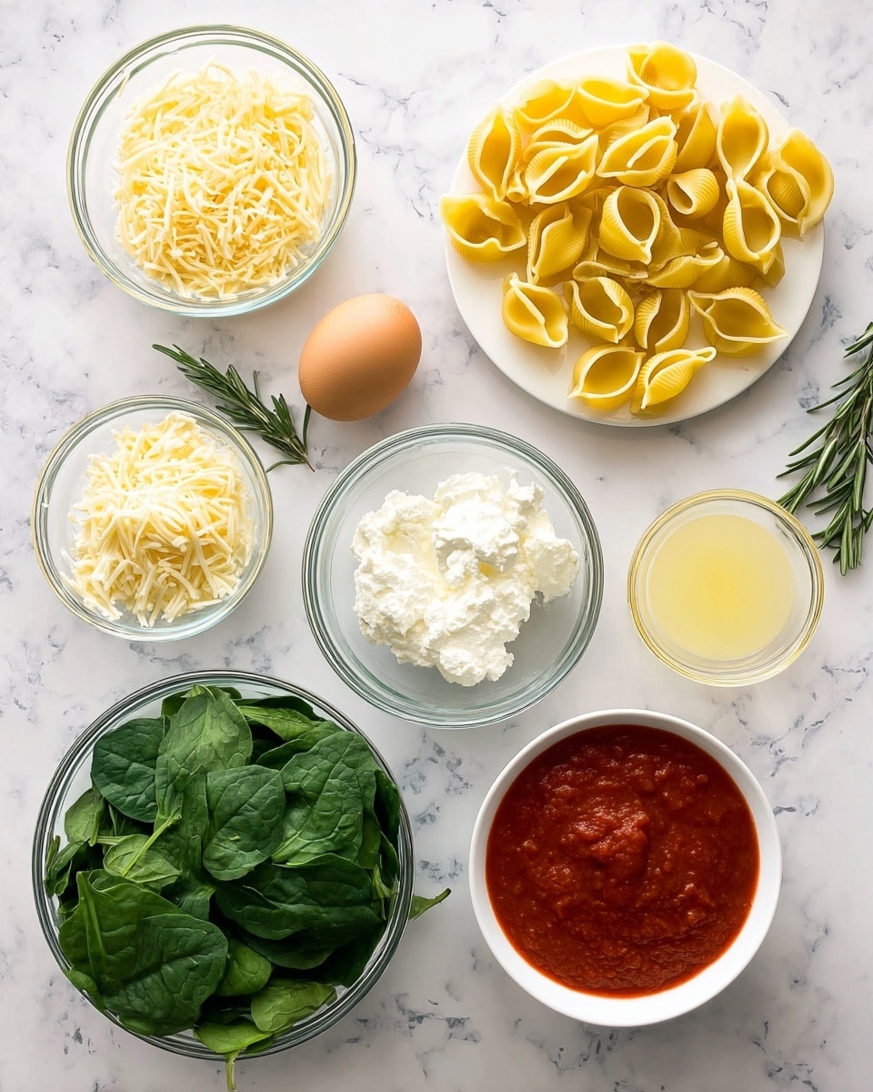 The image shows several bowls and ingredients arranged neatly on a white marbled surface. At the top left is a small clear bowl filled with light yellow parmesan cheese, next to it is a clear bowl with shredded mozzarella cheese in a pale yellow color. To the right is a white plate holding uncooked jumbo pasta shells in a bright yellow color. Below the cheeses is a large clear bowl filled with fresh green spinach leaves. In the middle is a medium clear bowl with creamy white ricotta cheese, next to a small clear glass container holding pale yellow lemon juice. An unpeeled yellow onion and a brown egg are also placed on the surface, with a small sprig of fresh rosemary near the egg. At the bottom right, there is a white bowl filled with vibrant red tomato sauce. All items are neatly spaced and clearly visible in natural light. photo taken with an iphone --ar 4:5 --v 7