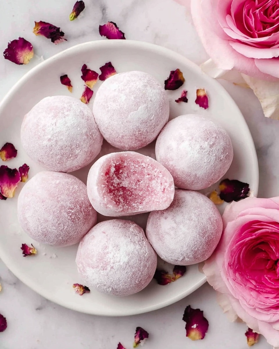 A white plate holds nine round pink mochi balls dusted with white powder, arranged closely together on a white marbled surface. One mochi ball is slightly opened, showing a soft, textured pink filling inside. Scattered around the mochi are small dark pink and light pink rose petals along with a large fresh pink rose placed on the right side of the plate. The overall look is soft and delicate with a pastel color palette. photo taken with an iphone --ar 4:5 --v 7